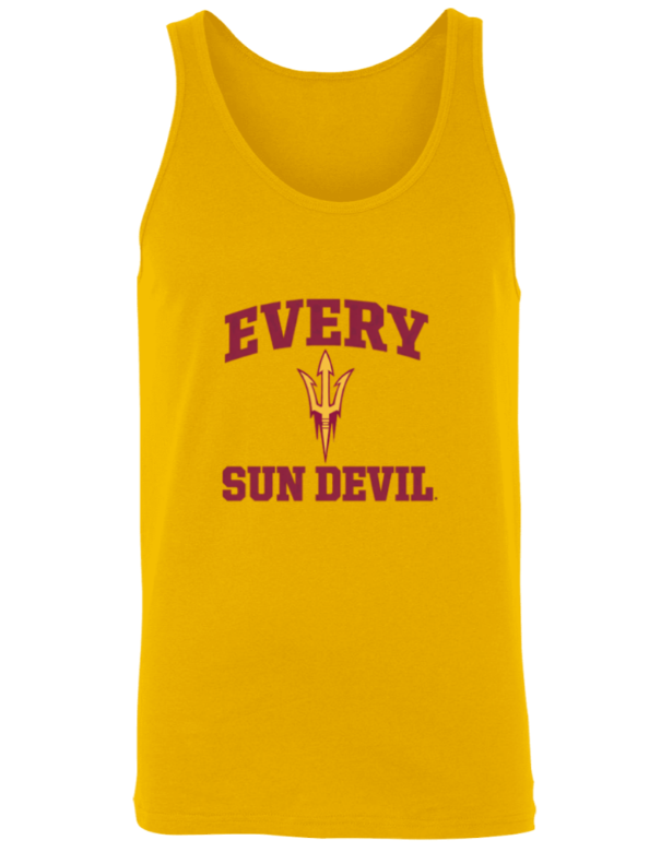 Yellow tank top with maroon “EVERY SUN DEVIL” text and pitchfork graphic.