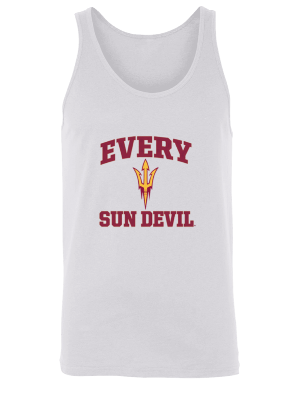 White tank top with “Every Sun Devil” text and a trident logo in red and gold