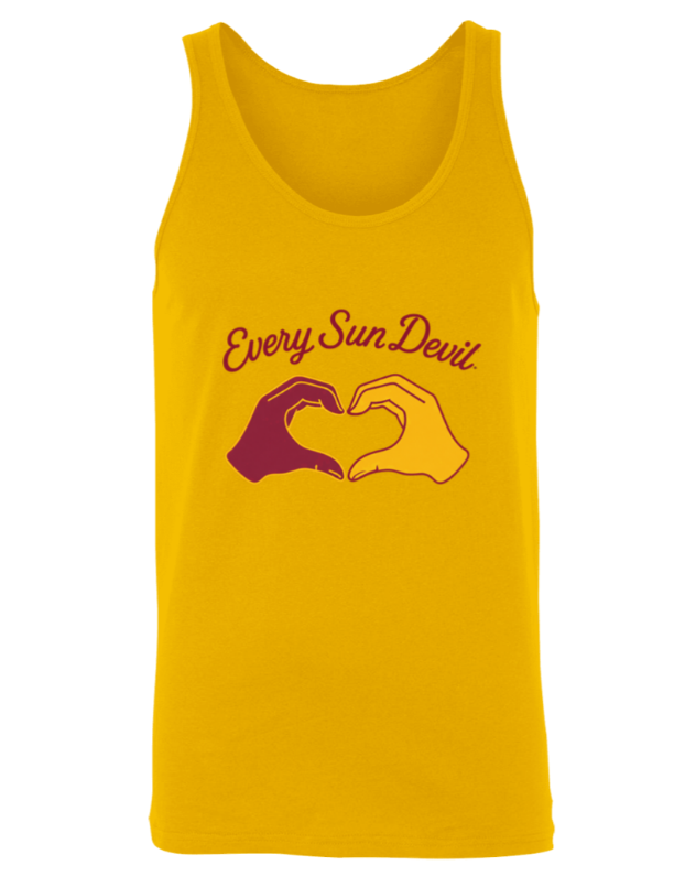 Yellow tank top with “Every Sun Devil” text and two hands forming a heart in maroon and gold.