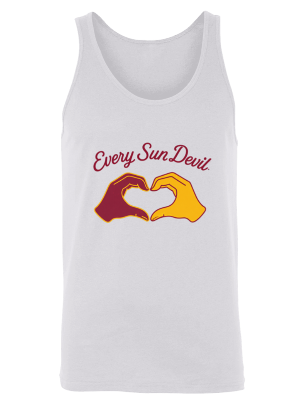 White tank top with “Every Sun Devil” text and maroon-and-gold heart-hands graphic