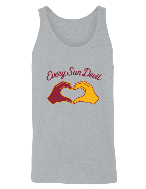 Gray tank top with “Every Sun Devil” text and two hands forming a heart in red and gold