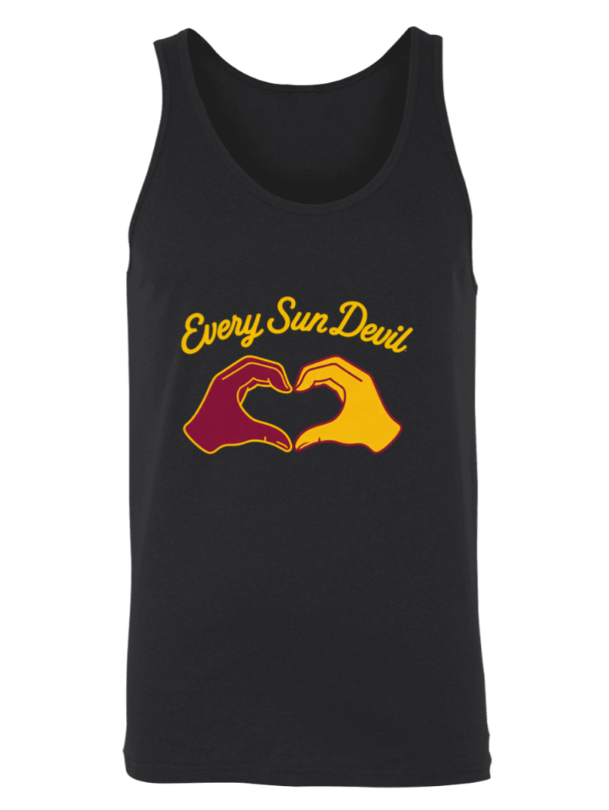 Black tank top with “Every Sun Dew” text and two hands forming a heart in red and yellow.