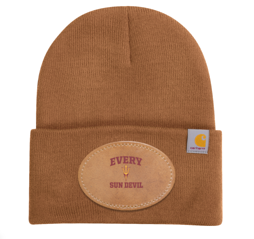 Brown knit beanie with folded cuff and oval patch reading “Every Sun Never,” Carhartt label on side
