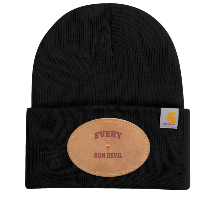 Black knit beanie with tan “Every Sun Devil” patch and small Carhartt logo tag
