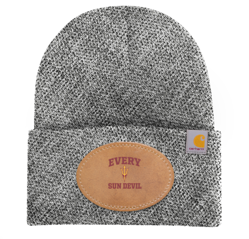 Gray knit beanie with tan leather patch reading “EVERY SUN NEVER” and a small logo tag