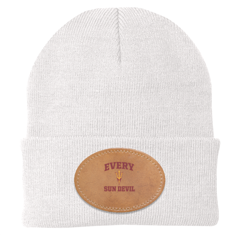 White knit beanie with a tan oval patch reading “EVERY SUN DEVIL”