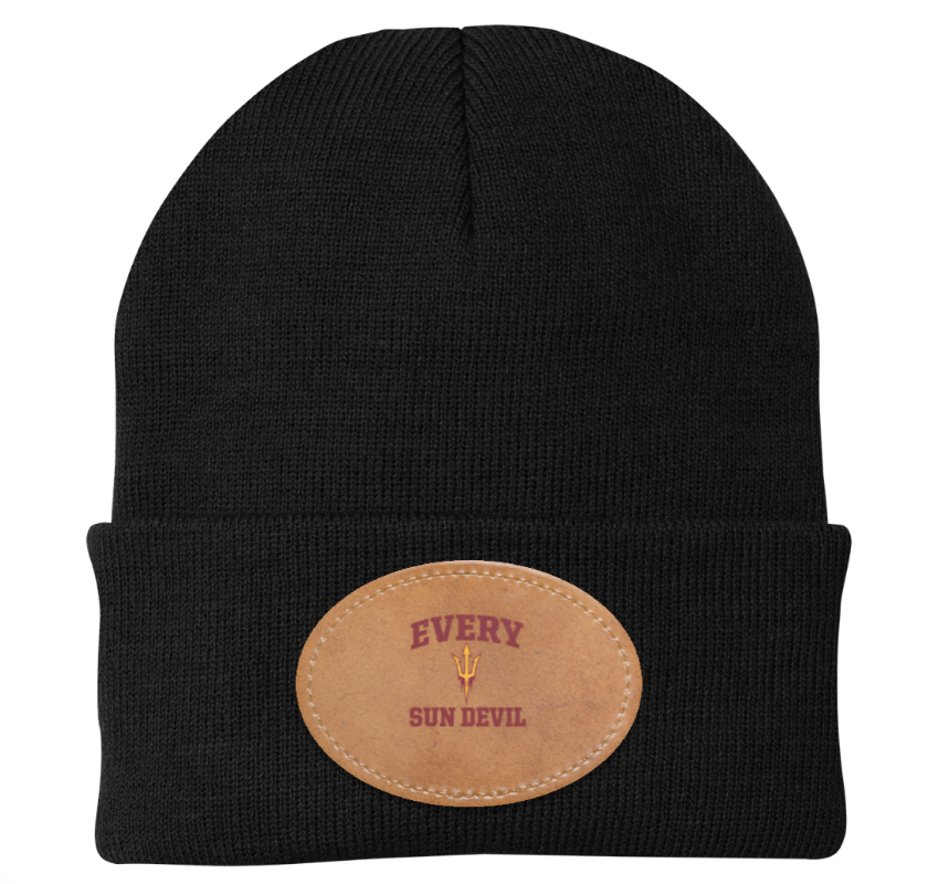 Black knit beanie with a tan oval patch reading “EVERY SUN DEVIL”