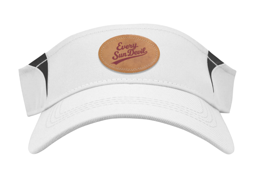 White visor cap with black side accents and a tan oval logo patch on the front