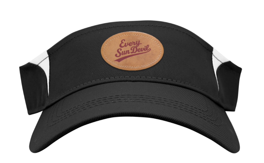 Black baseball cap with brown leather patch logo on the front, isolated on white background