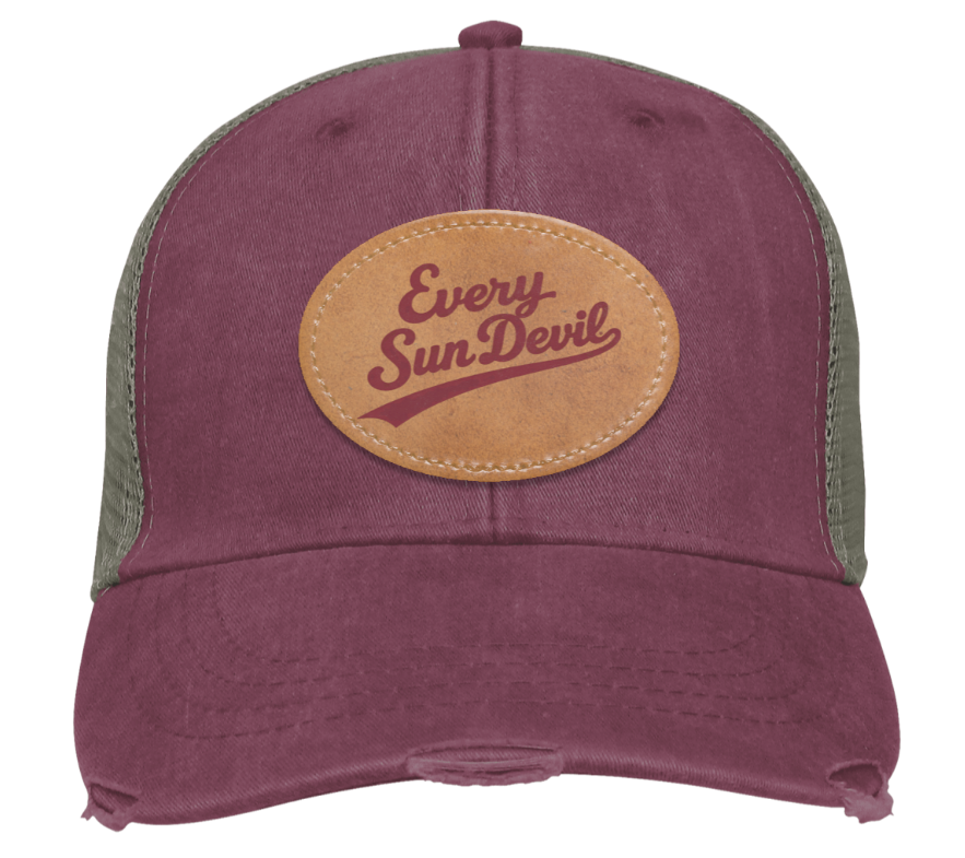 Maroon baseball cap with mesh sides and tan patch reading “Every Sun Devil”