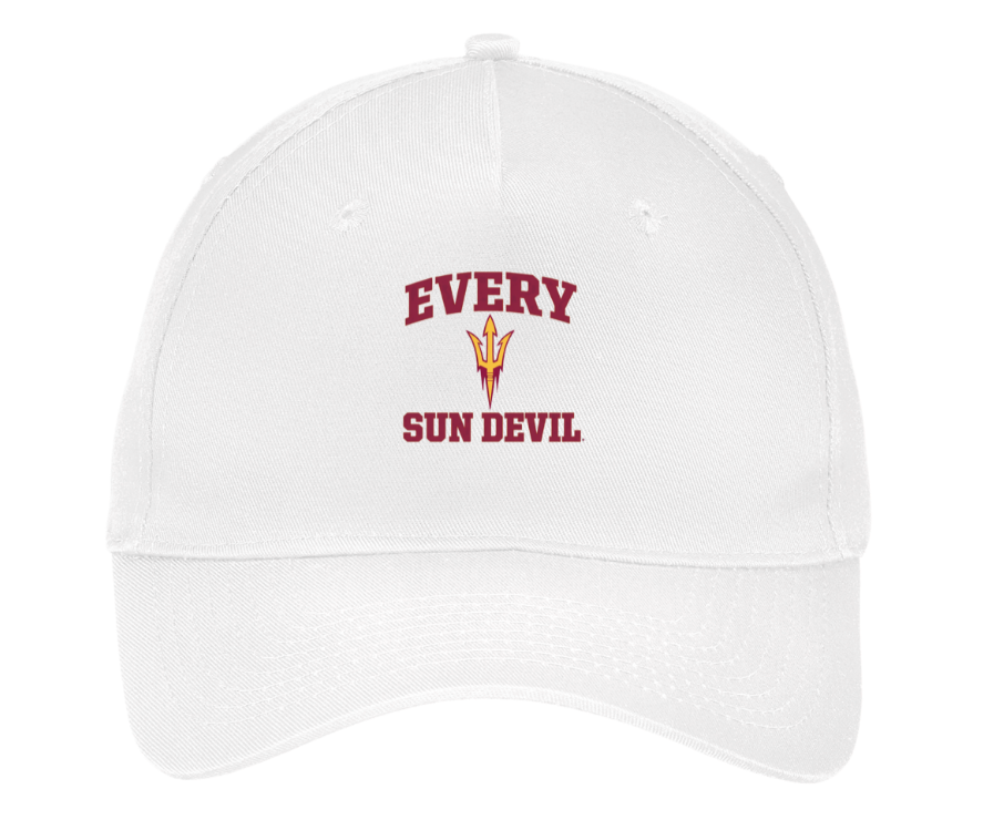 White baseball cap with maroon “EVERY SUN DEVIL” text and a pitchfork logo