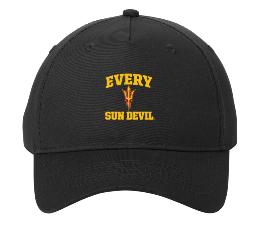 Black baseball cap with yellow "EVERY SUN DEVIL" text and pitchfork logo on the front