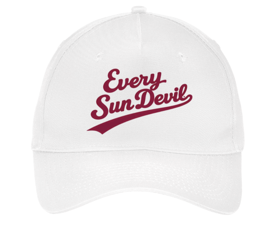 White baseball cap with maroon “Every Sun Devil” text