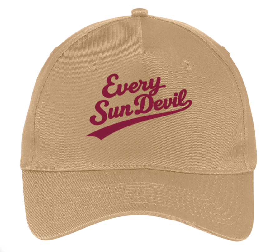 Tan baseball cap with maroon “Every Sun Devil” logo on the front
