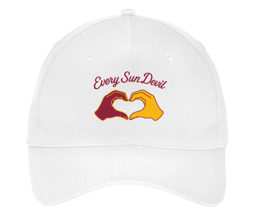 White baseball cap with red “Every Sun Deu” text and two hands forming a heart in burgundy and yellow.