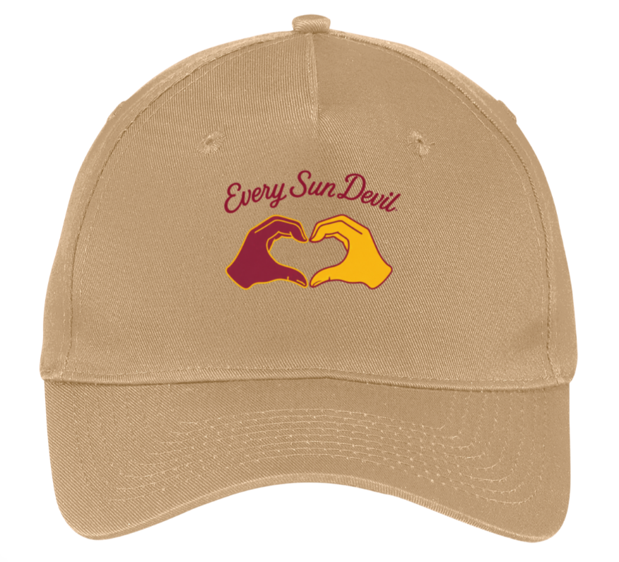 Tan baseball cap with "Every Sun Deu" text and a red-yellow heart hand logo