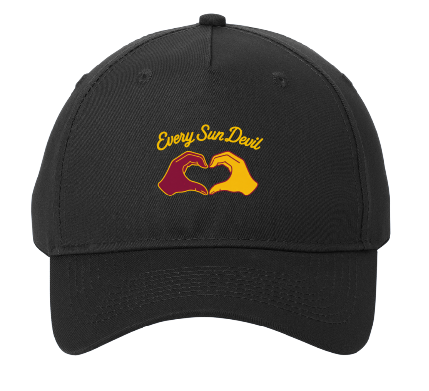 Black baseball cap with yellow and red hand-heart logo and “EverySunDevil” text on the front.