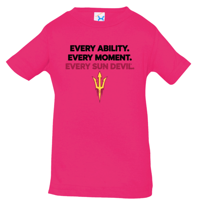 Bright pink T-shirt with black “EVERY ABILITY, EVERY MOMENT. EVERY SUN DEVIL.” text and pitchfork logo
