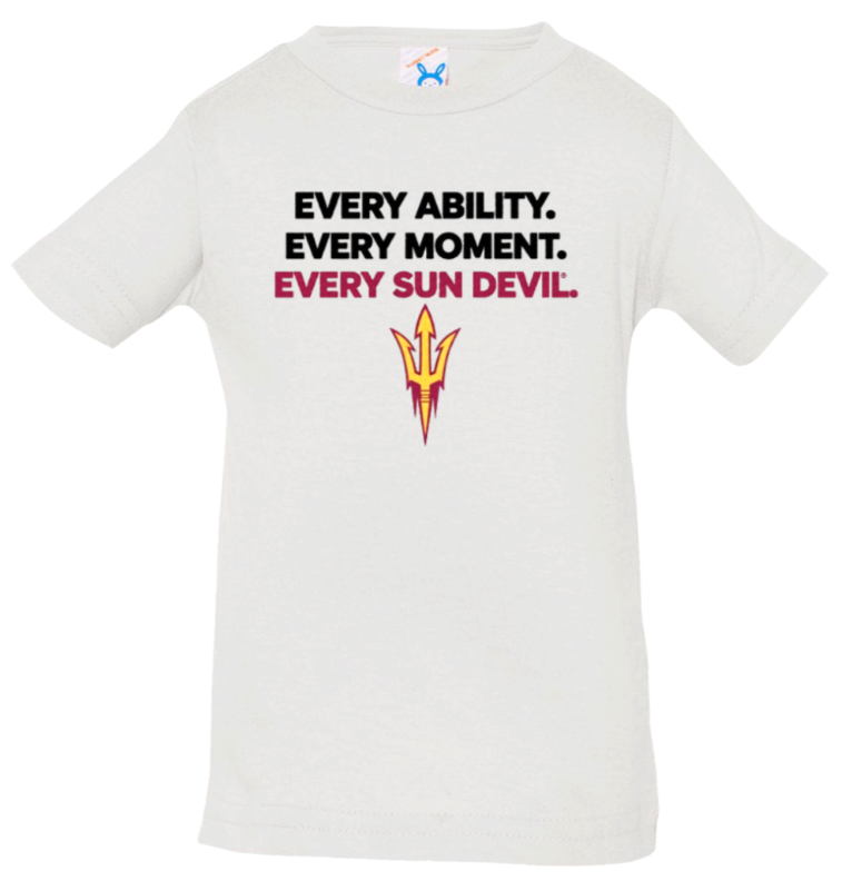 White T-shirt with "EVERY ABILITY. EVERY MOMENT. EVERY SUN DEVIL." and ASU pitchfork logo