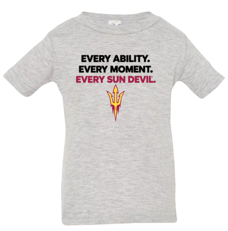 Gray T-shirt with “EVERY ABILITY. EVERY MOMENT. EVERY JUNIOR DEVIL.” and a red-yellow pitchfork logo