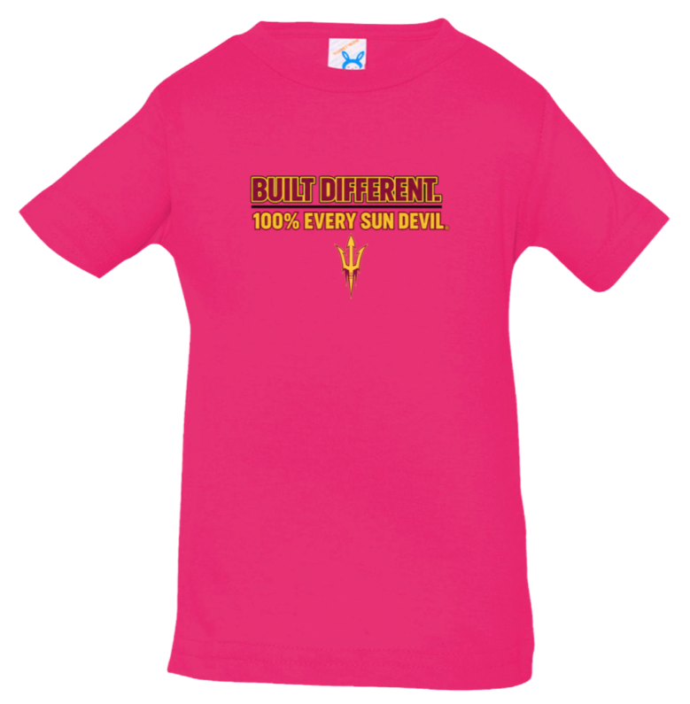 Hot pink T-shirt with “Built Different” text printed on the chest