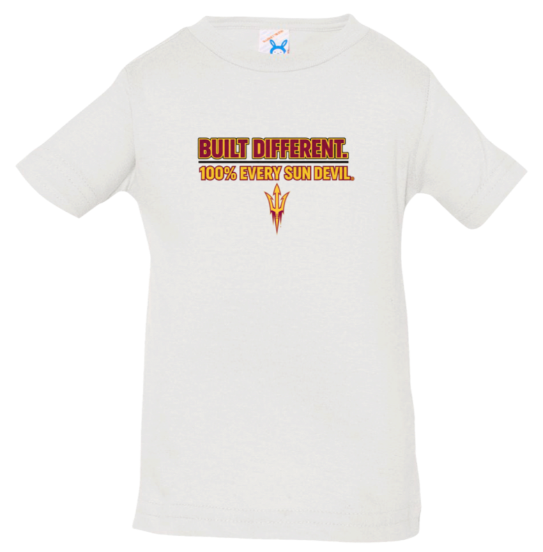 White T-shirt with orange and black "Built Different" graphic on the chest