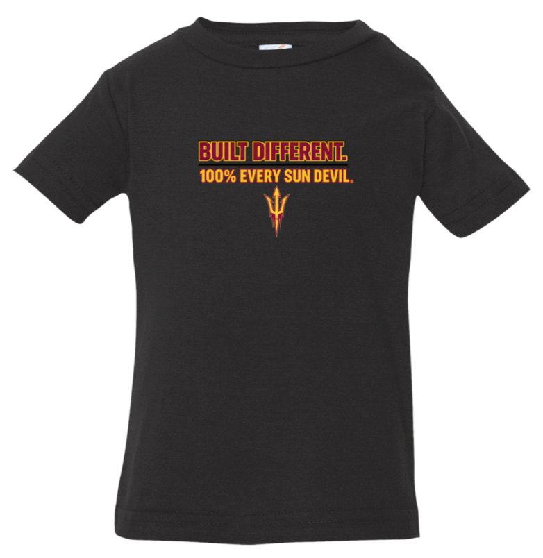 Black T-shirt with orange-red “BUILT DIFFERENT 100% EVIL / SUN DEVIL” text and small devil graphic.
