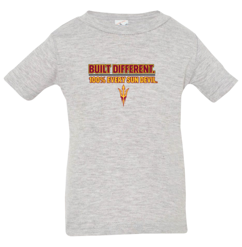 Gray T-shirt with orange and black “BUILT DIFFERENT. 110% EVERY SUN DEVILS” graphic on the chest