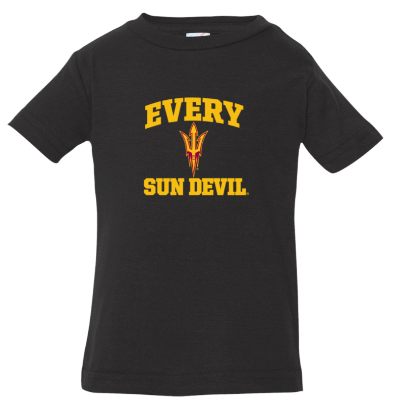 Black T-shirt with gold “EVERY SUN DEVIL” text and a pitchfork logo centered on the chest