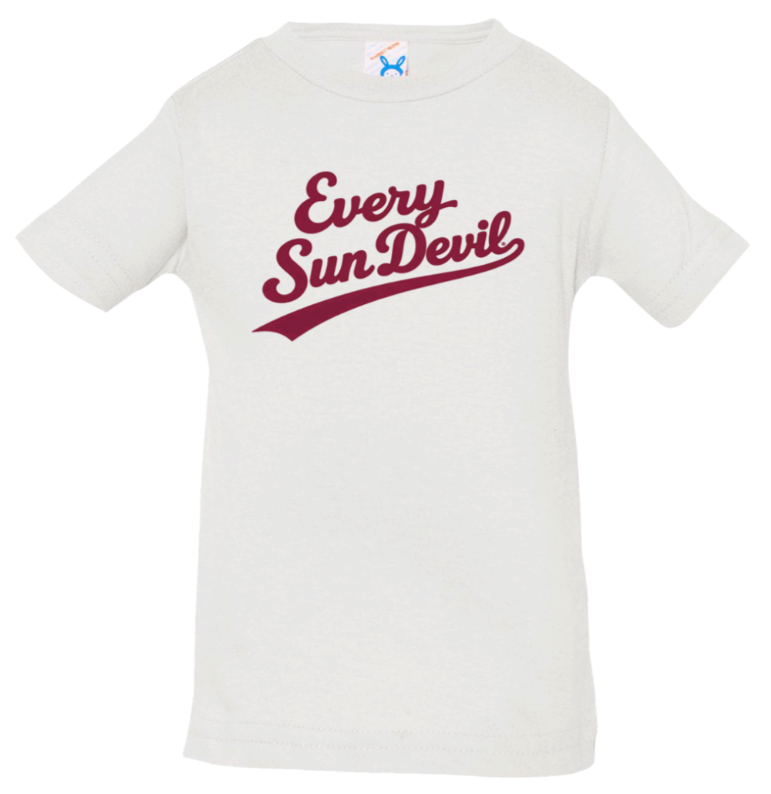 White T-shirt with maroon “Every Sun Devil” text logo on the chest