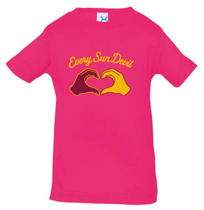 Pink T-shirt with “Every Sun Dewi” text and a heart logo in yellow and maroon