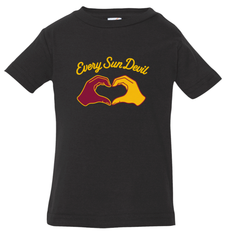 Black T-shirt with yellow text and red-and-yellow hand graphic reading “EverySunDeviL”