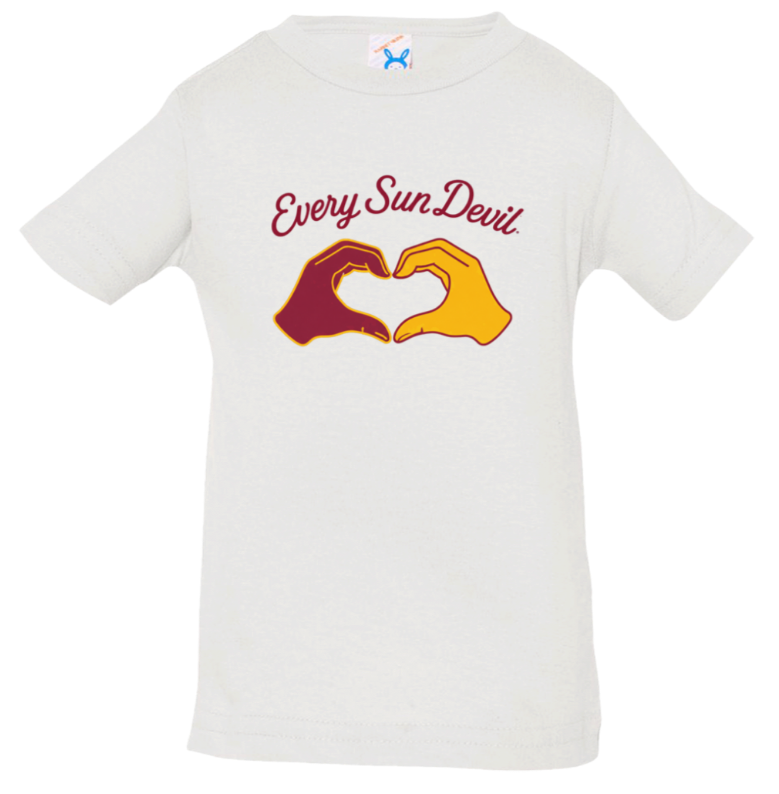White T-shirt with “Every Sun Devil” text and two hands forming a heart in maroon and gold