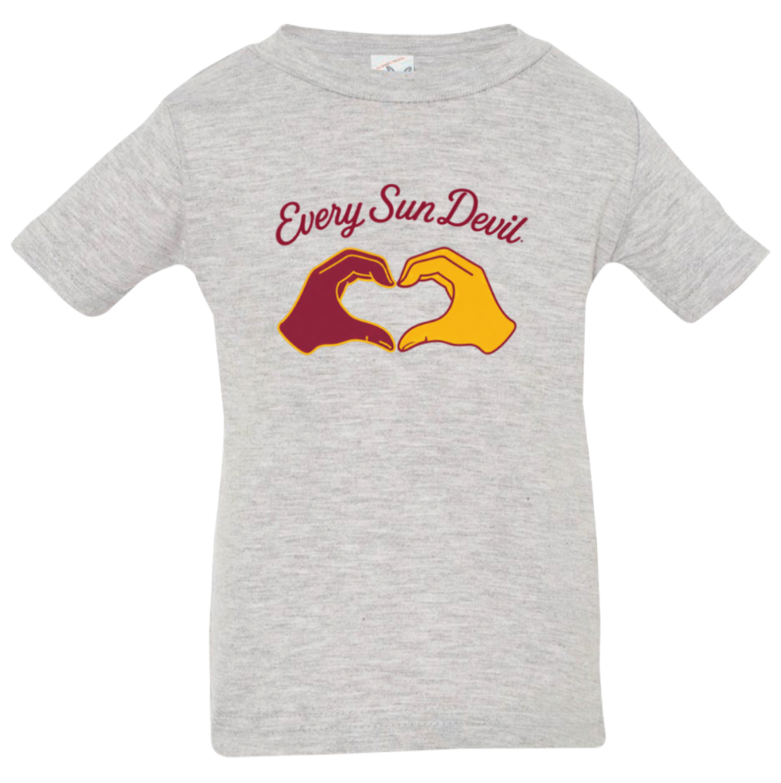Gray T-shirt with red and yellow hands forming a heart and the text “Every Sun Devil”