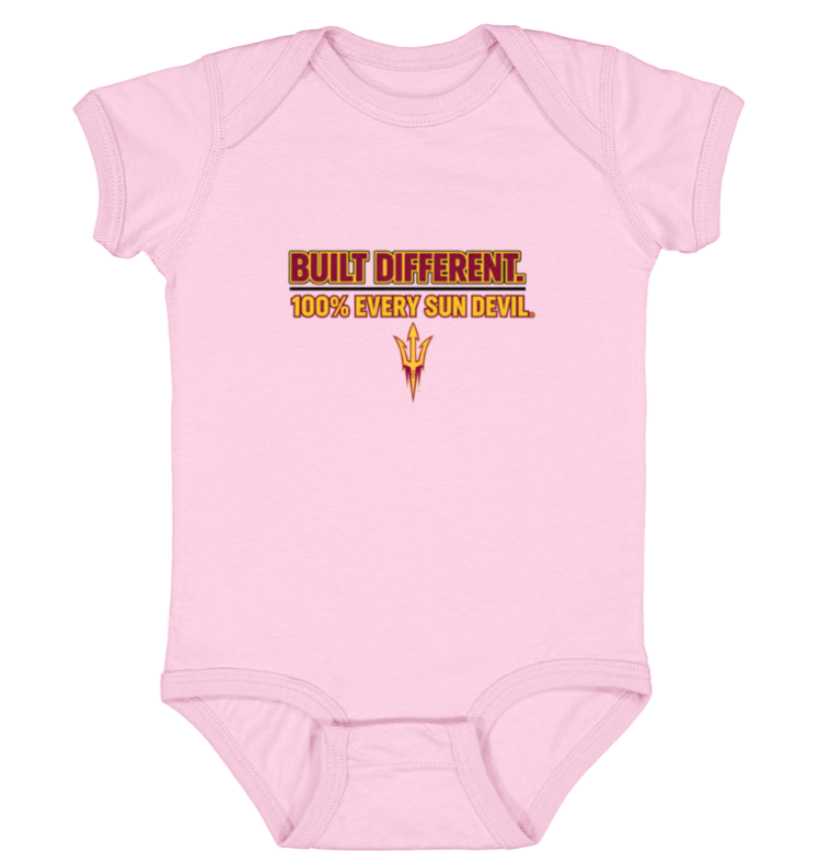 Light pink baby onesie with “BUILT DIFFERENT. 100% EVERY GUN DEVIL” graphic on chest