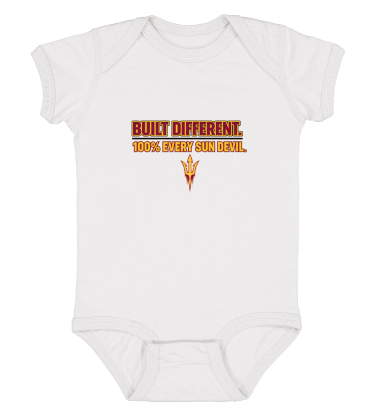 White baby onesie with “BUILT DIFFERENT” and “100% EVERY SUN DEVIL” text in orange and maroon