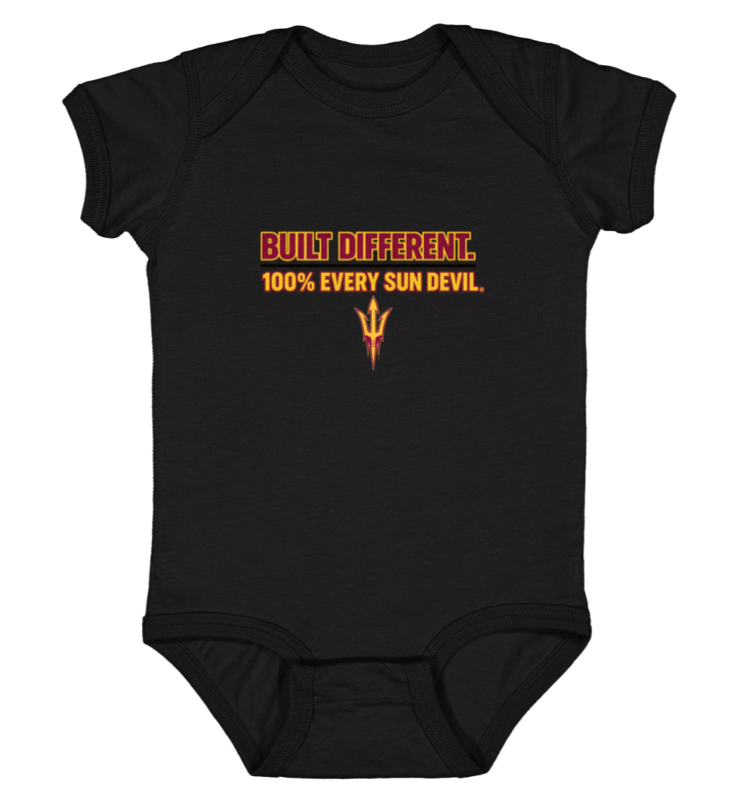 Black baby onesie with orange text: “BUILT DIFFERENT. 100% EVERY SUN DEVIL.”