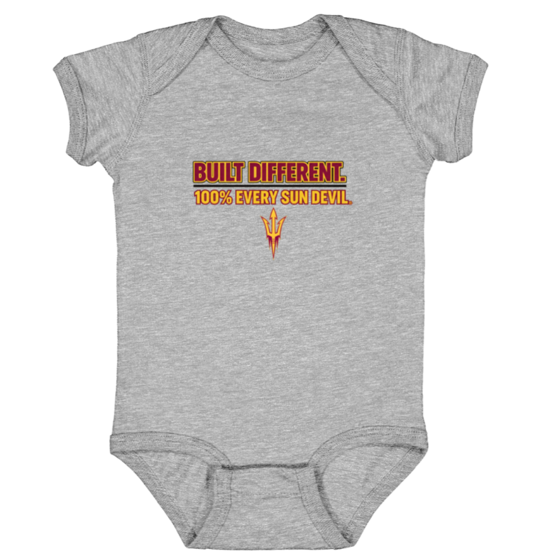 Gray baby onesie with “BUILT DIFFERENT. GOD’S EVERY SUN DEVIL.” text and pitchfork logo at center