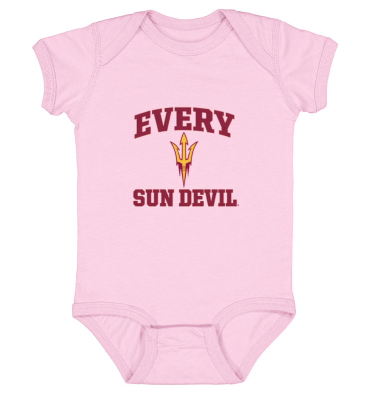 Light pink baby onesie with “EVERY SUN DEVIL” and a pitchfork logo centered on the front
