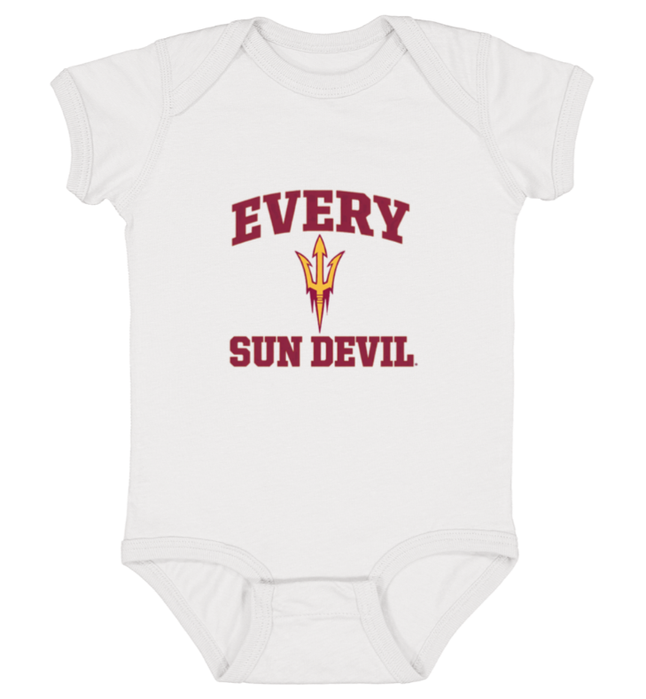 White baby onesie with maroon “EVERY SUN DEVIL” text and a trident logo.