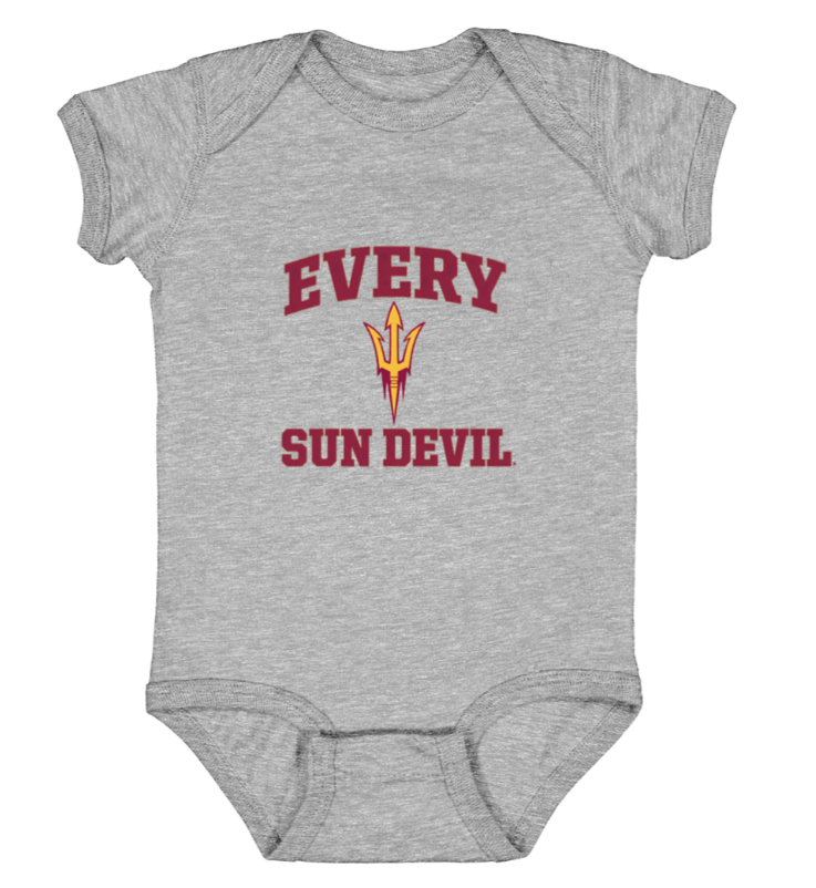 Gray baby onesie with Arizona State Sun Devils logo and red “EVERY SUN DEVIL” text