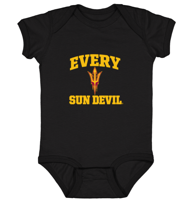 Black baby onesie with yellow “EVERY SUN DEVIL” text and pitchfork logo centered on the chest
