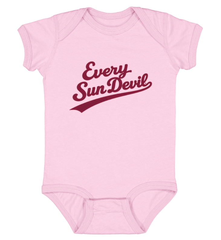 Pink baby onesie with “Every Sun Devil” text printed on the front