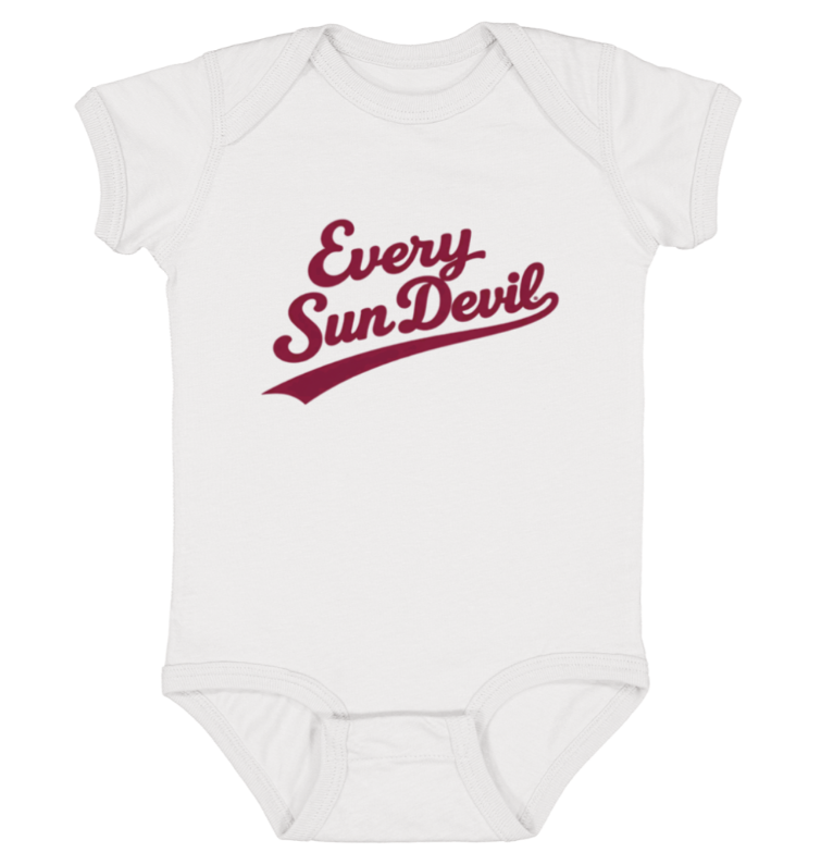 White baby onesie with burgundy “Every Sun Devil” text logo on the front