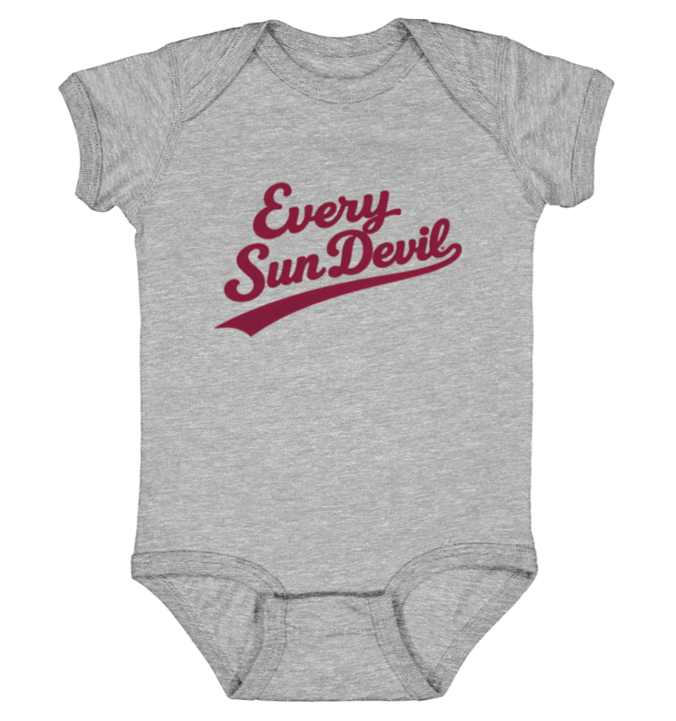 Gray baby onesie with maroon “Every Sun Devils” text on the front