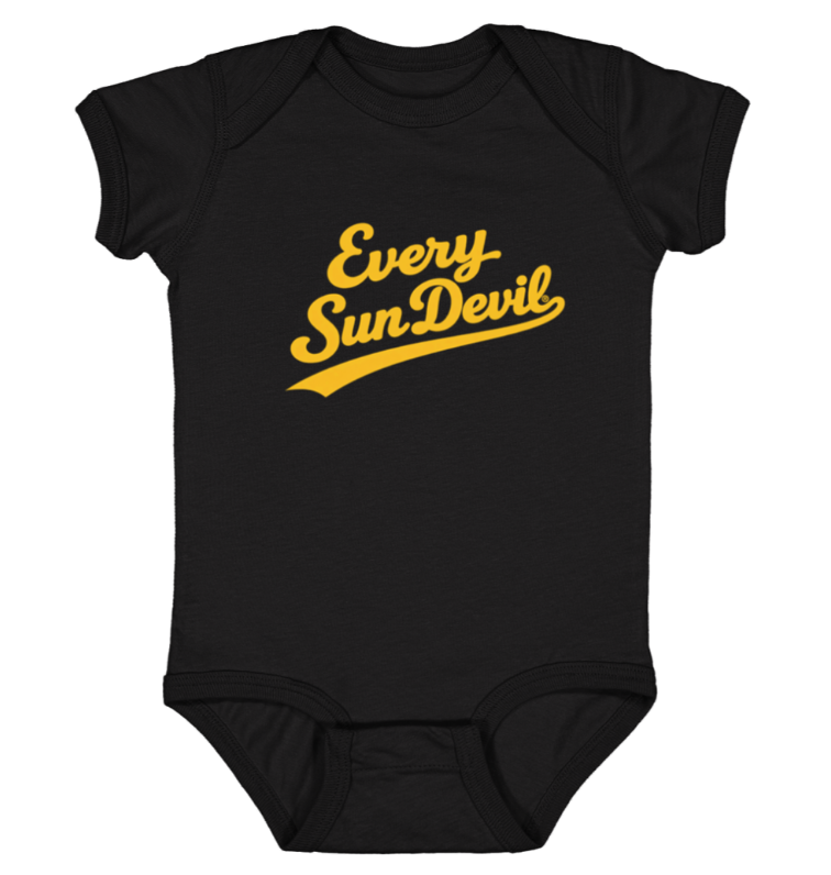 Black baby onesie with yellow “Every Sun Devil” text on the front