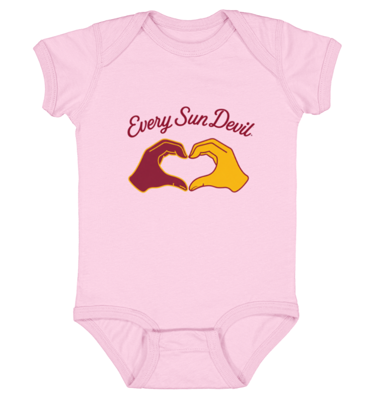Pink baby onesie with “EverySunDeviL” text and a heart-shaped hand graphic in maroon and yellow