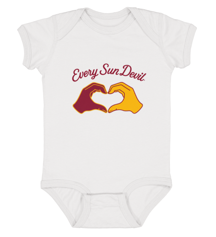White baby onesie with "Every Sun Devil" text and two hands forming a heart in maroon and gold.