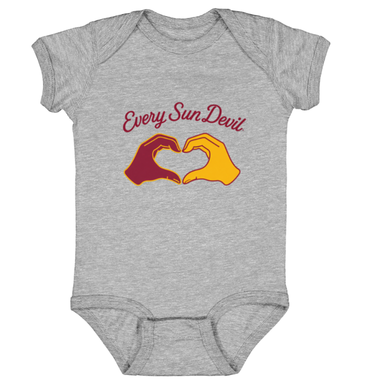 Gray baby onesie with “Every Sun Devil” text and two hands forming a heart in maroon and gold
