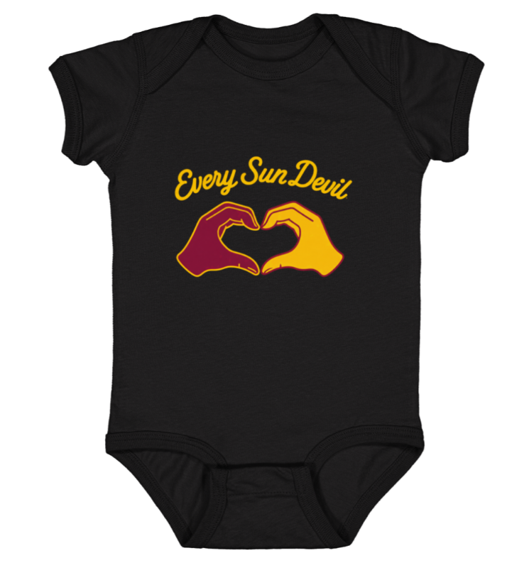 Black baby onesie with “Every Sun Devil” text and maroon and gold heart graphic